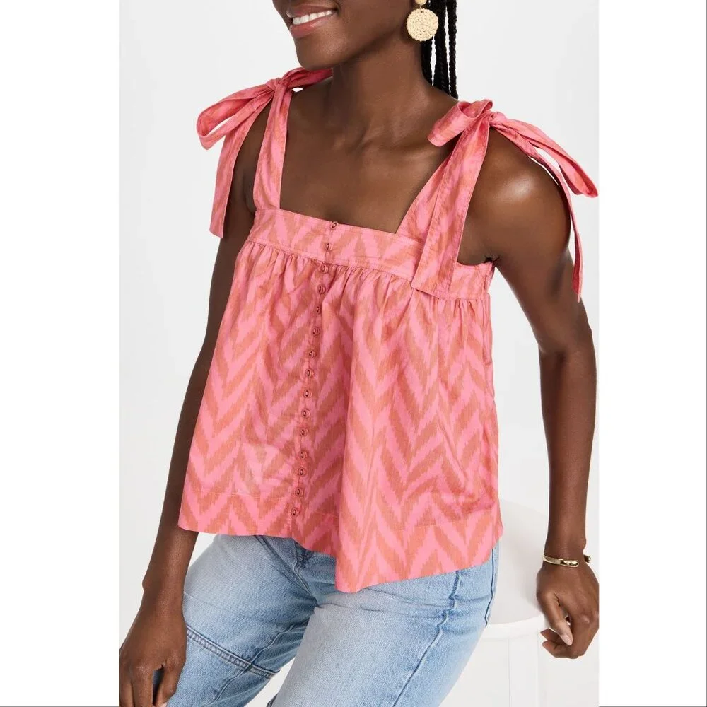 ULLA JOHNSON Iris Tank Size 8 Tie Shoulder Bougainvillea Chevron Poplin NEW $245 - Picture 2 of 16